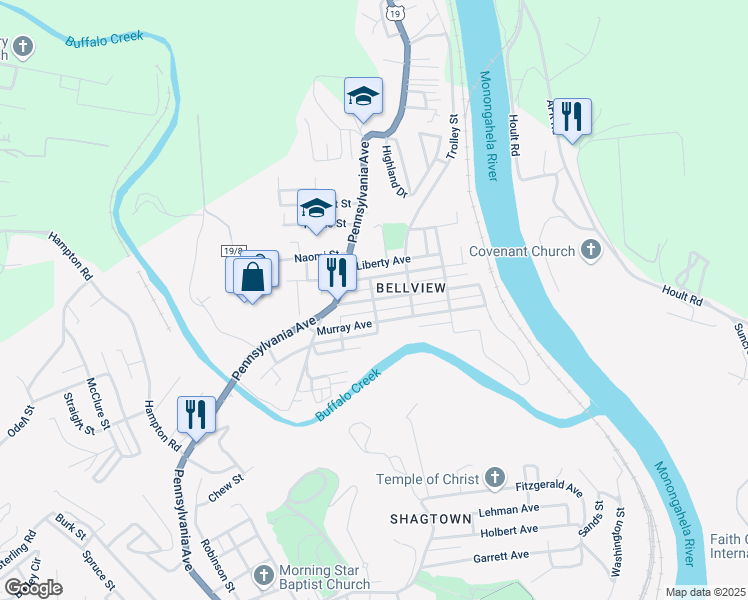 map of restaurants, bars, coffee shops, grocery stores, and more near 200 Bellview Avenue in Fairmont