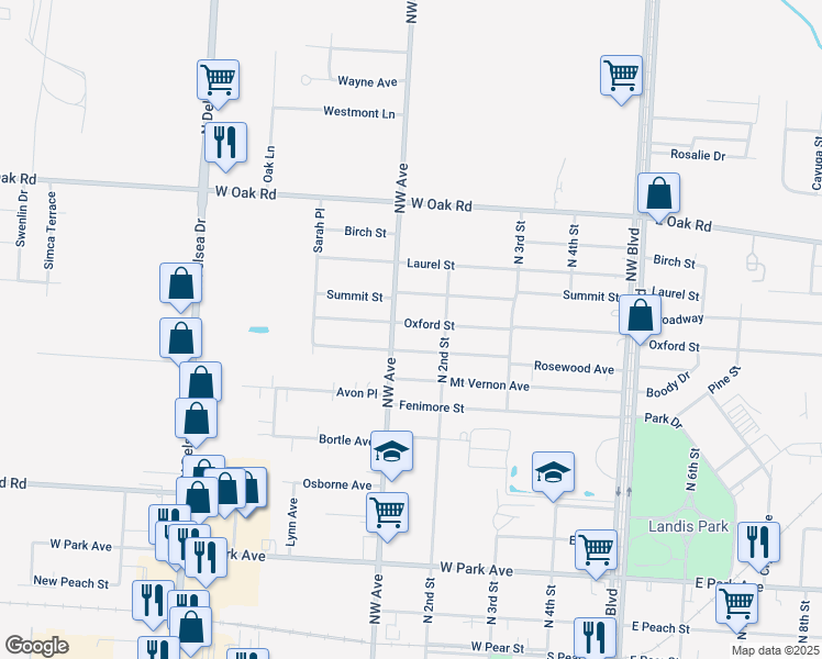 map of restaurants, bars, coffee shops, grocery stores, and more near 105 Oxford Street in Vineland