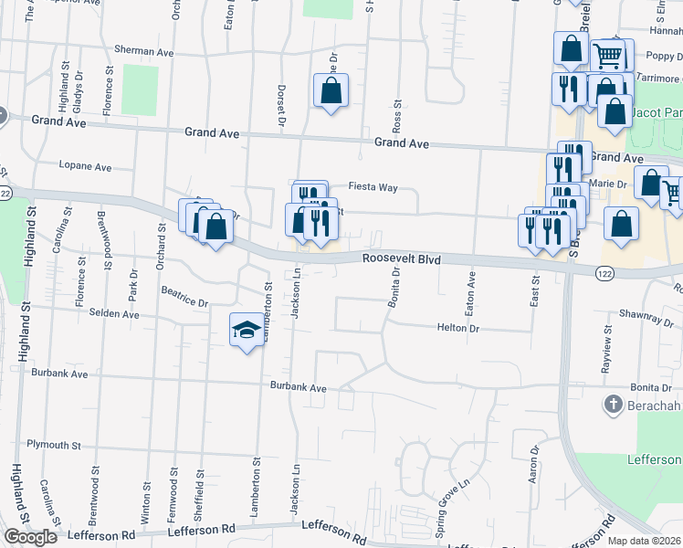 map of restaurants, bars, coffee shops, grocery stores, and more near 3610 Roosevelt Boulevard in Middletown