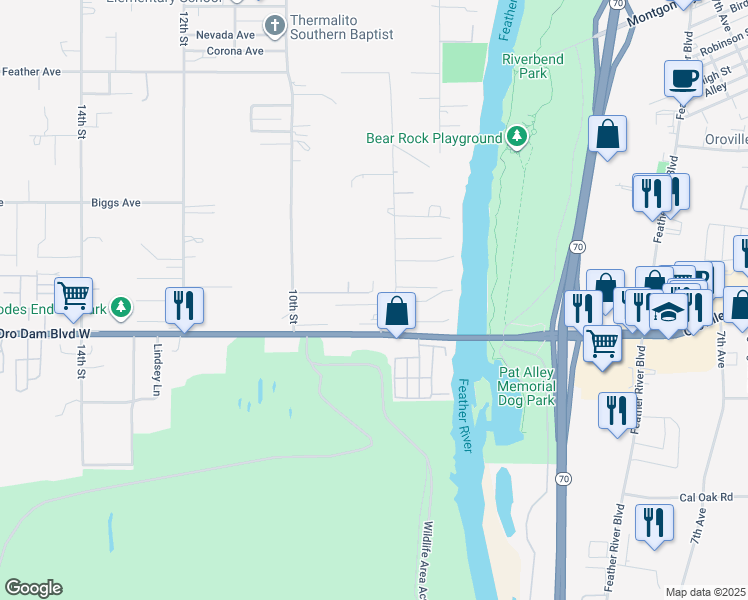 map of restaurants, bars, coffee shops, grocery stores, and more near 76 Orchardcrest Drive in Oroville