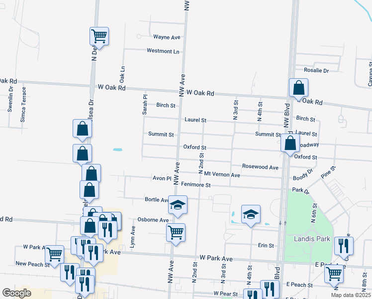 map of restaurants, bars, coffee shops, grocery stores, and more near 105 Oxford Street in Vineland