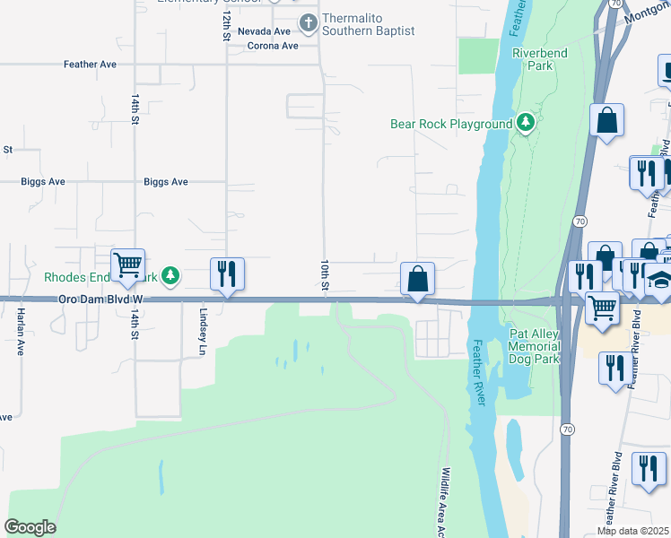 map of restaurants, bars, coffee shops, grocery stores, and more near 12 Orchardcrest Drive in Oroville
