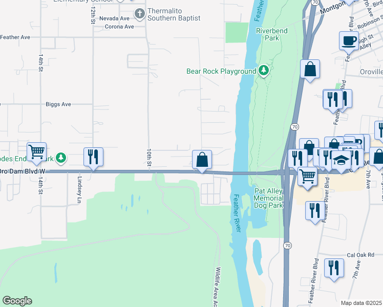 map of restaurants, bars, coffee shops, grocery stores, and more near 76 Orchardcrest Drive in Oroville