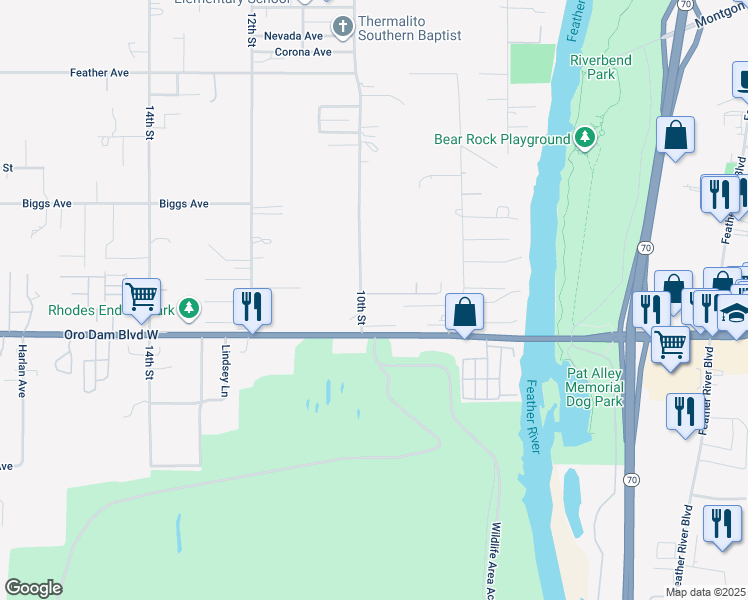 map of restaurants, bars, coffee shops, grocery stores, and more near 12 Orchardcrest Drive in Oroville