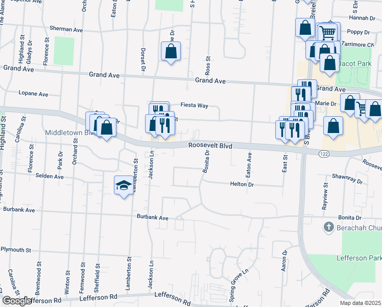 map of restaurants, bars, coffee shops, grocery stores, and more near 3900 Roosevelt Boulevard in Middletown