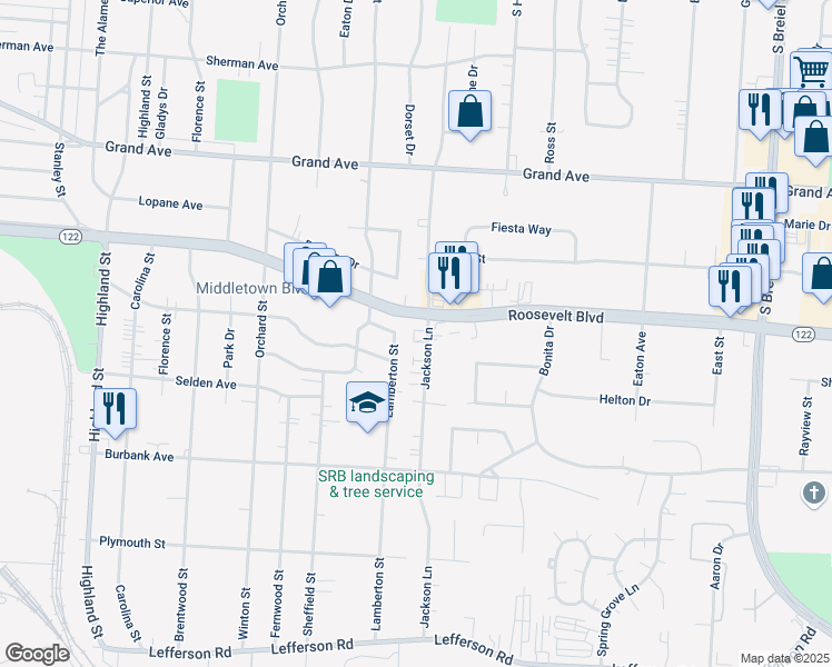 map of restaurants, bars, coffee shops, grocery stores, and more near 3328 Roosevelt Boulevard in Middletown