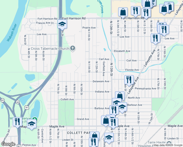 map of restaurants, bars, coffee shops, grocery stores, and more near 2700 North 11th Street in Terre Haute