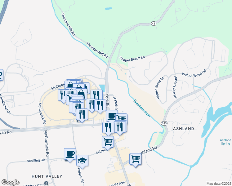map of restaurants, bars, coffee shops, grocery stores, and more near 10 North Park Drive in Cockeysville