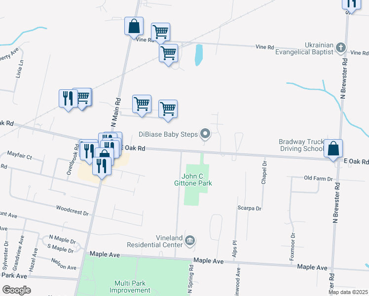 map of restaurants, bars, coffee shops, grocery stores, and more near 1964 East Oak Road in Vineland