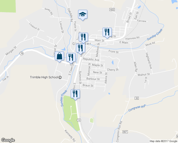map of restaurants, bars, coffee shops, grocery stores, and more near 0 Monroe in Glouster