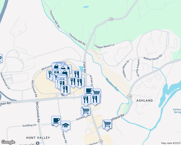map of restaurants, bars, coffee shops, grocery stores, and more near 6 North Park Drive in Cockeysville