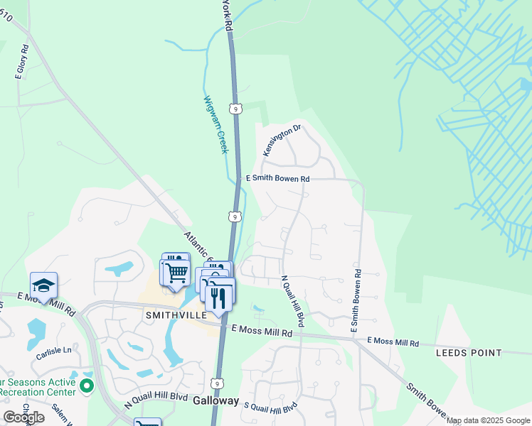 map of restaurants, bars, coffee shops, grocery stores, and more near 703 Nacote Creek Court in Galloway