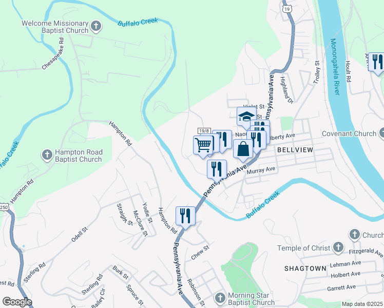 map of restaurants, bars, coffee shops, grocery stores, and more near 1099 Fritz Circle in Fairmont