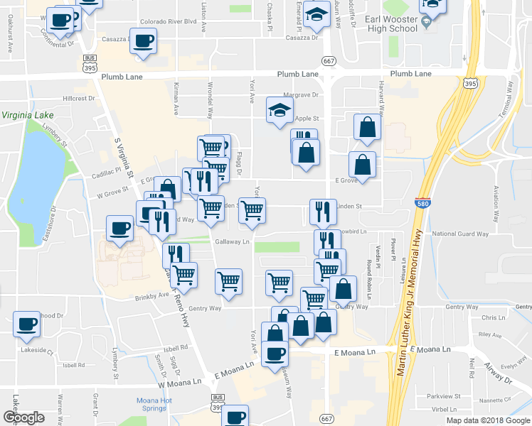 map of restaurants, bars, coffee shops, grocery stores, and more near in Reno