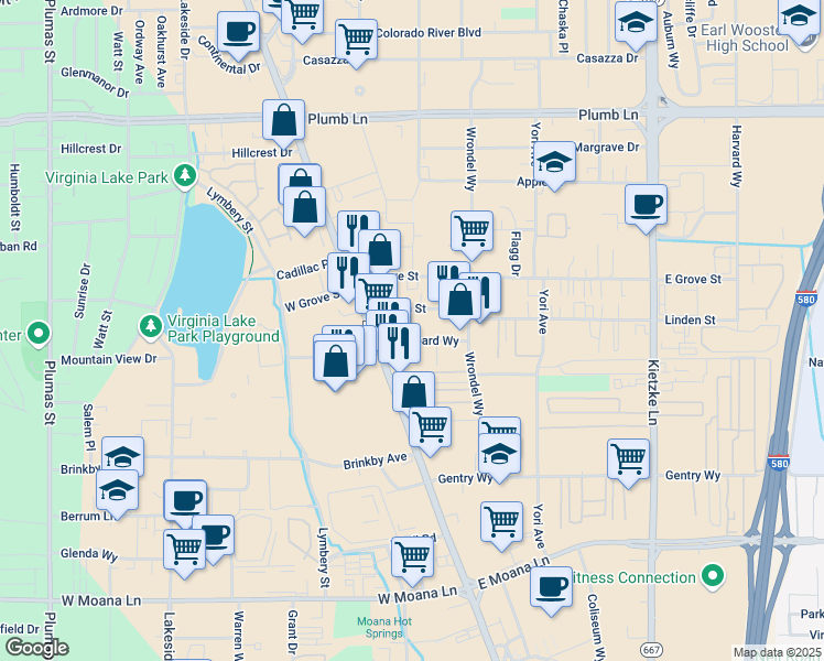 map of restaurants, bars, coffee shops, grocery stores, and more near 85 Hubbard Way in Reno