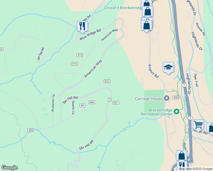 map of restaurants, bars, coffee shops, grocery stores, and more near 51 Burro Lane in Breckenridge