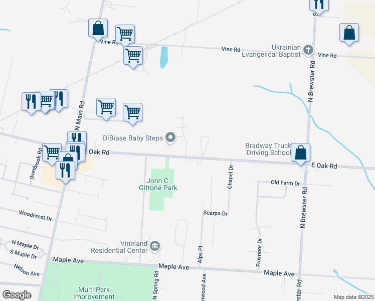 map of restaurants, bars, coffee shops, grocery stores, and more near 2102 East Oak Road in Vineland