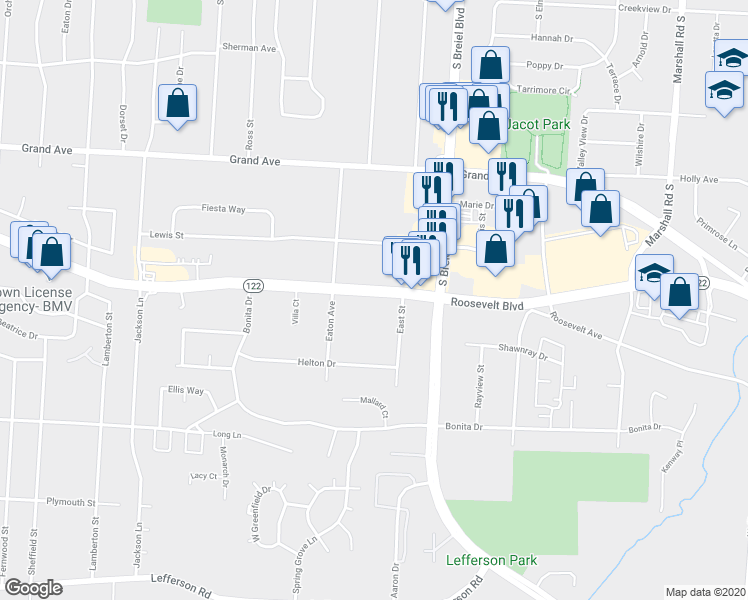 map of restaurants, bars, coffee shops, grocery stores, and more near 4202 Roosevelt Boulevard in Middletown
