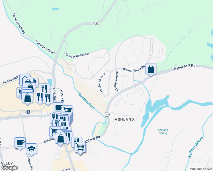 map of restaurants, bars, coffee shops, grocery stores, and more near 924 Walnut Wood Road in Cockeysville