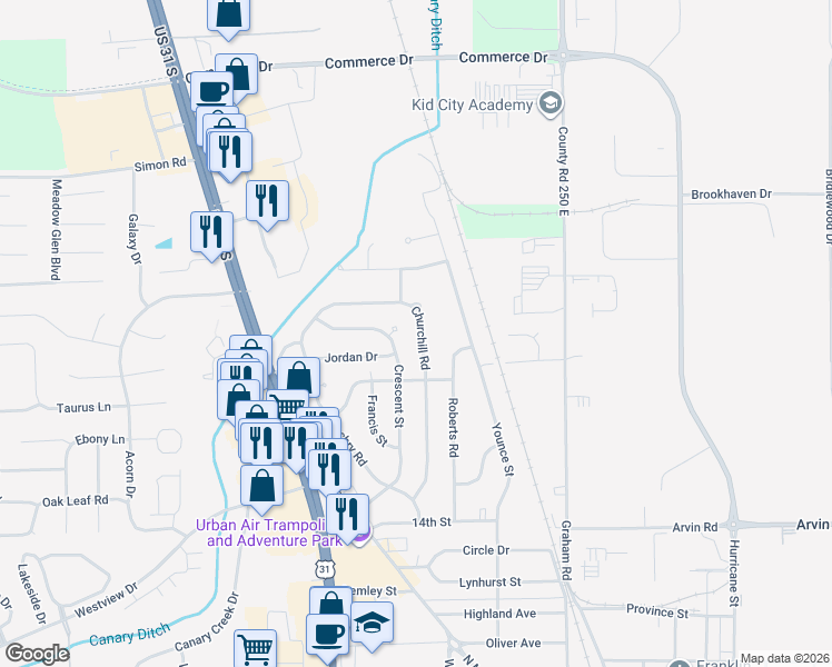map of restaurants, bars, coffee shops, grocery stores, and more near 1900 Churchill Road in Franklin