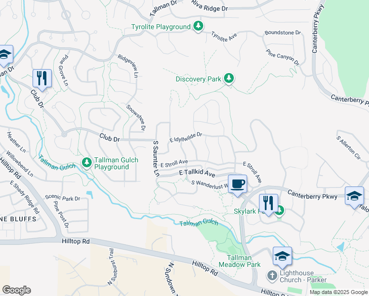 map of restaurants, bars, coffee shops, grocery stores, and more near 21516 East Idyllwilde Drive in Parker