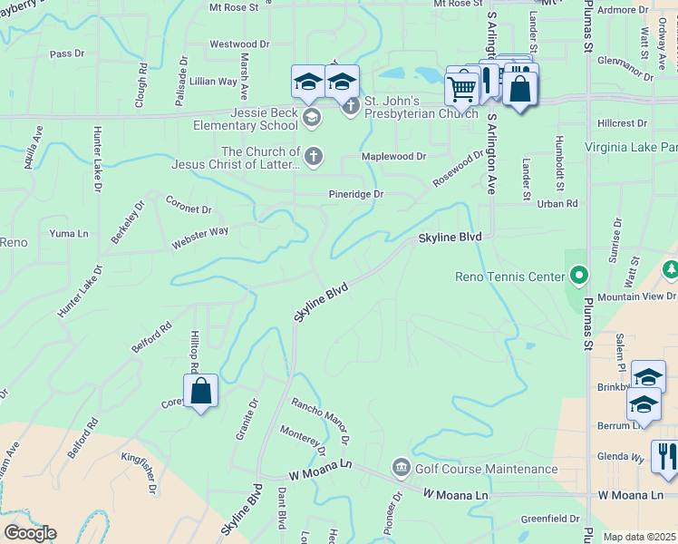 map of restaurants, bars, coffee shops, grocery stores, and more near 915 Skyline Boulevard in Reno