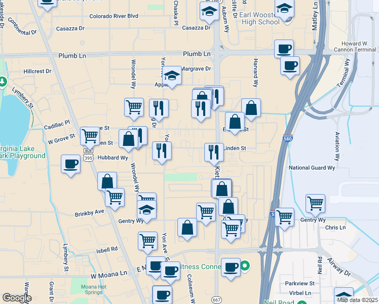 map of restaurants, bars, coffee shops, grocery stores, and more near 450 Linden Street in Reno