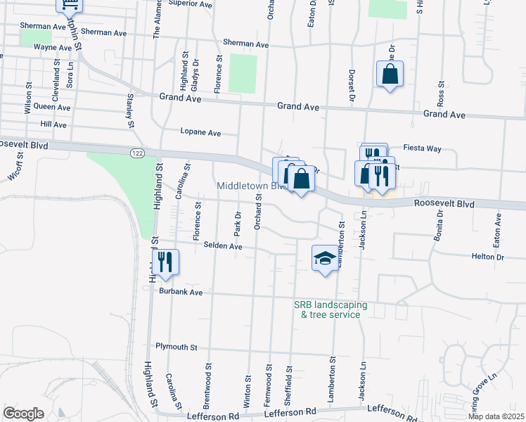 map of restaurants, bars, coffee shops, grocery stores, and more near 1401 Orchard Street in Middletown