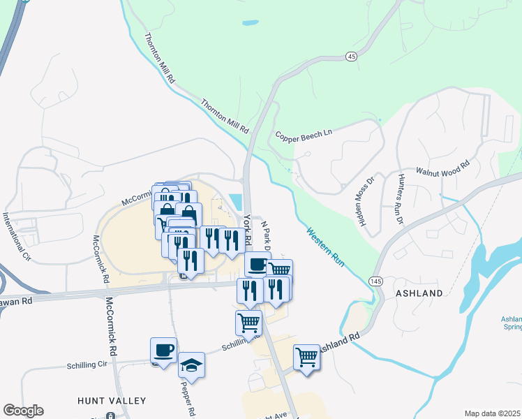 map of restaurants, bars, coffee shops, grocery stores, and more near 10 North Park Drive in Cockeysville
