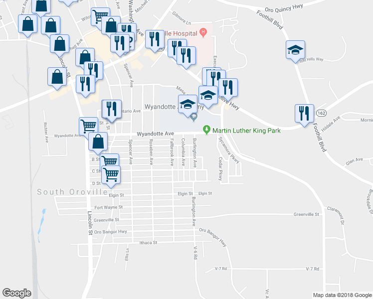 map of restaurants, bars, coffee shops, grocery stores, and more near 3235 Columbia Avenue in Oroville
