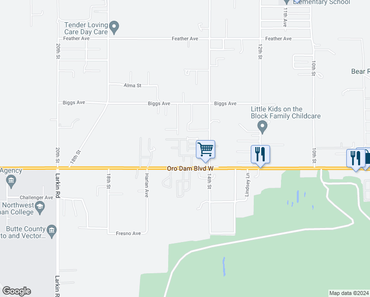 map of restaurants, bars, coffee shops, grocery stores, and more near 1023 14th Street in Oroville