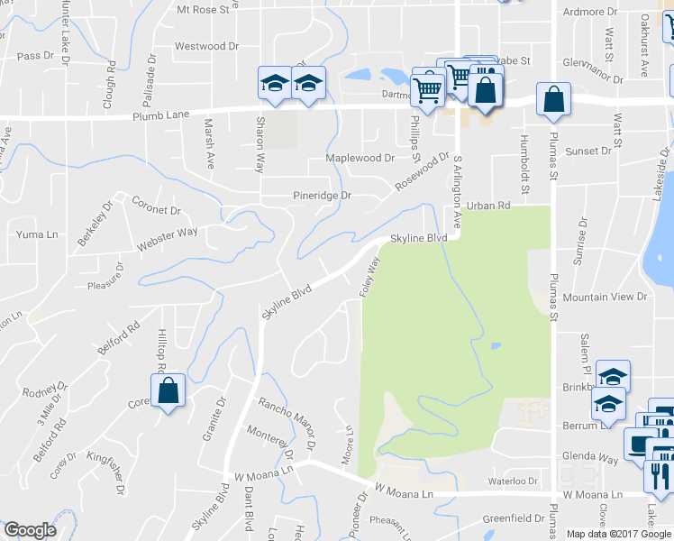 map of restaurants, bars, coffee shops, grocery stores, and more near 757 Skyline Boulevard in Reno