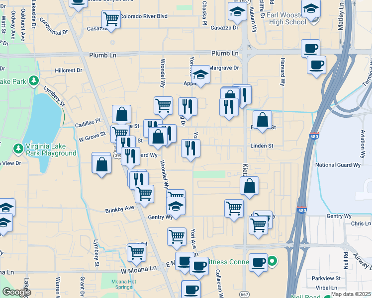 map of restaurants, bars, coffee shops, grocery stores, and more near 242 Linden Street in Reno