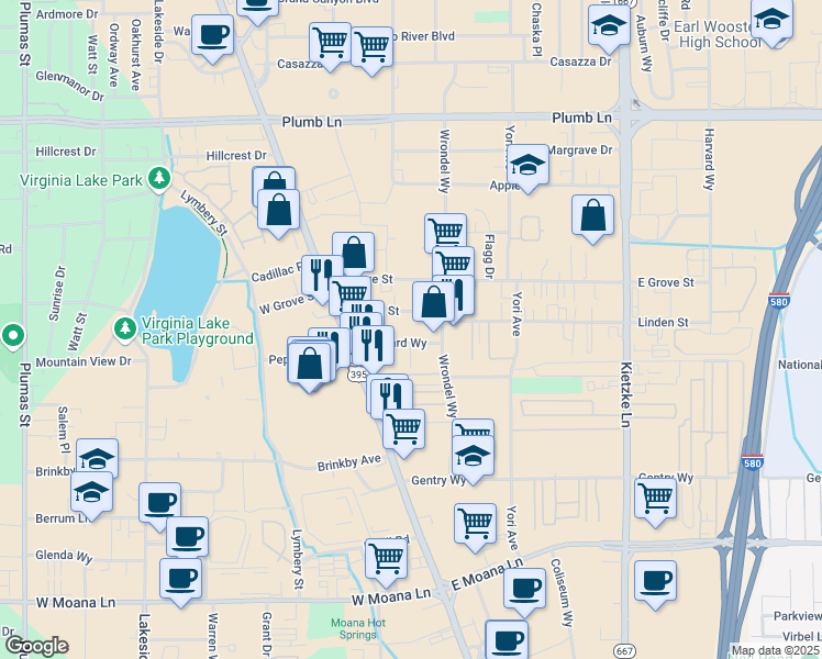 map of restaurants, bars, coffee shops, grocery stores, and more near 165 Hubbard Way in Reno