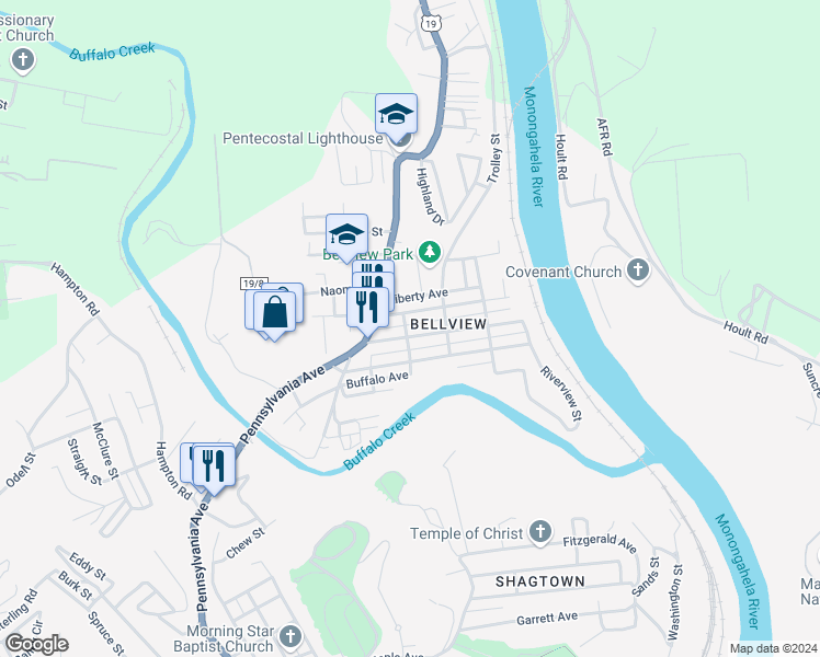 map of restaurants, bars, coffee shops, grocery stores, and more near 501-507 Morse Street in Fairmont