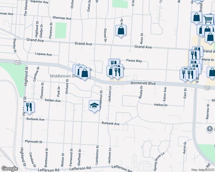 map of restaurants, bars, coffee shops, grocery stores, and more near 3328 Roosevelt Boulevard in Middletown