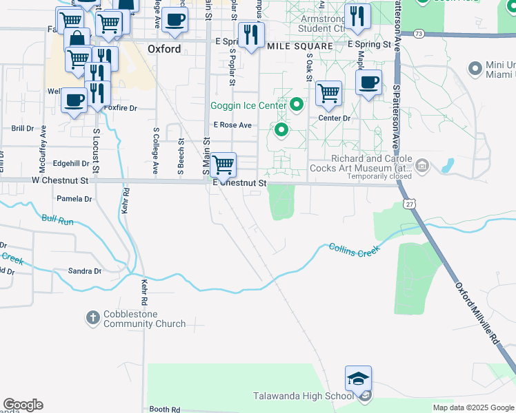 map of restaurants, bars, coffee shops, grocery stores, and more near 909 Arrowhead Drive in Oxford
