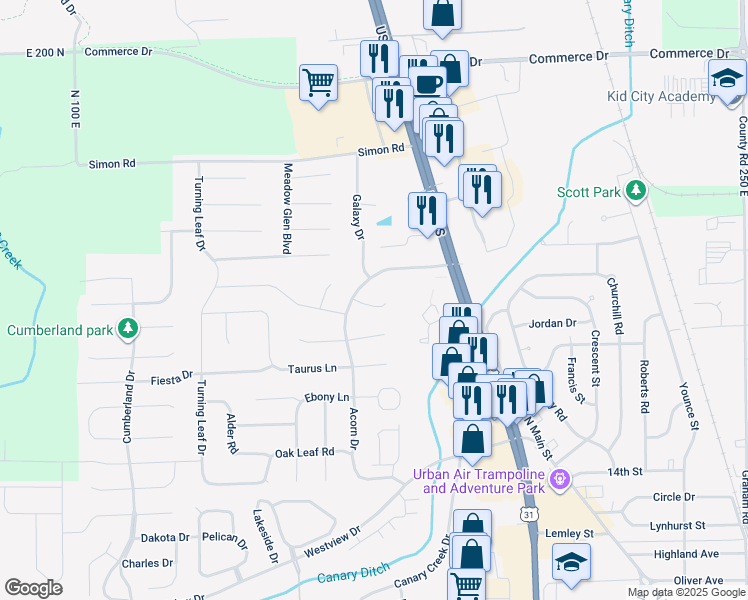 map of restaurants, bars, coffee shops, grocery stores, and more near 1086 Fairlane Court in Franklin