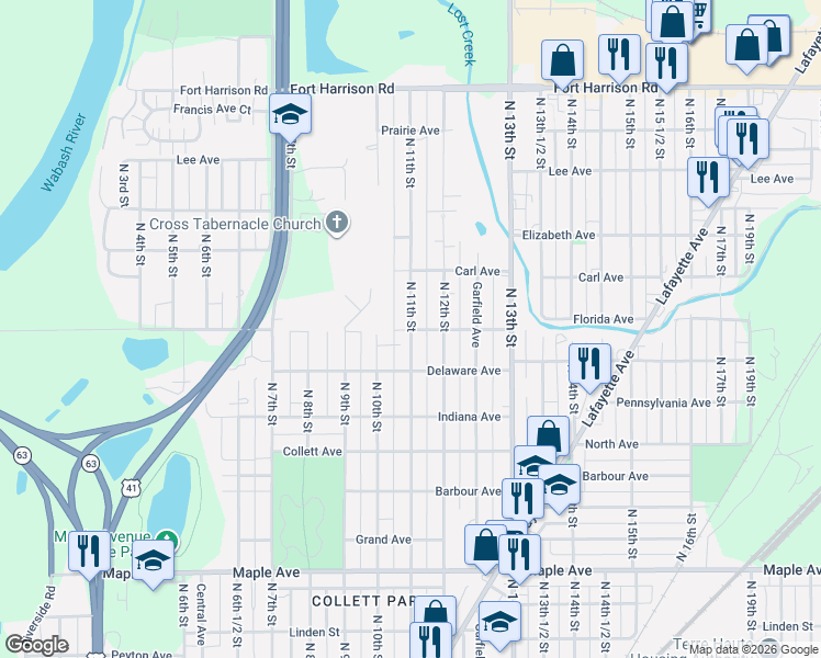 map of restaurants, bars, coffee shops, grocery stores, and more near 2700 North 11th Street in Terre Haute
