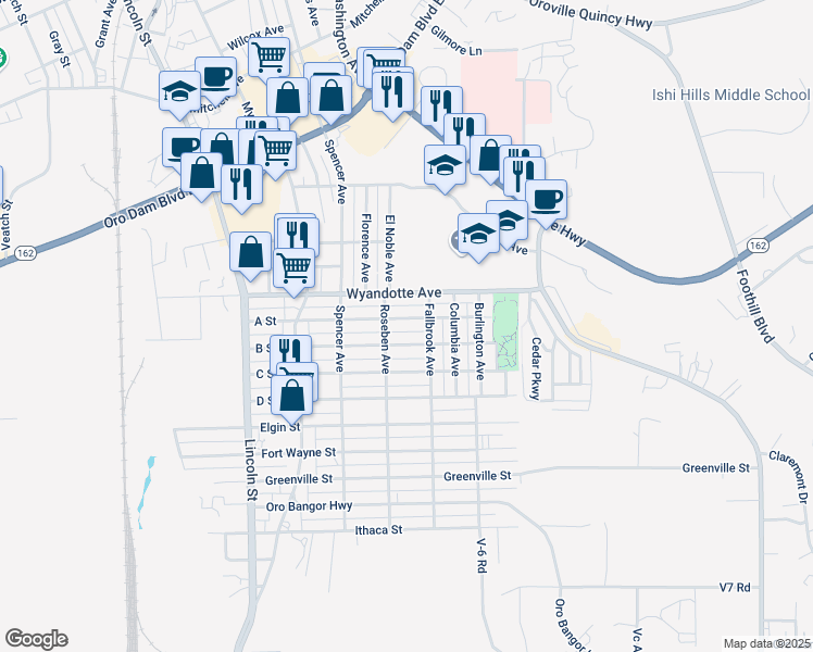 map of restaurants, bars, coffee shops, grocery stores, and more near 2479 A Street in Oroville
