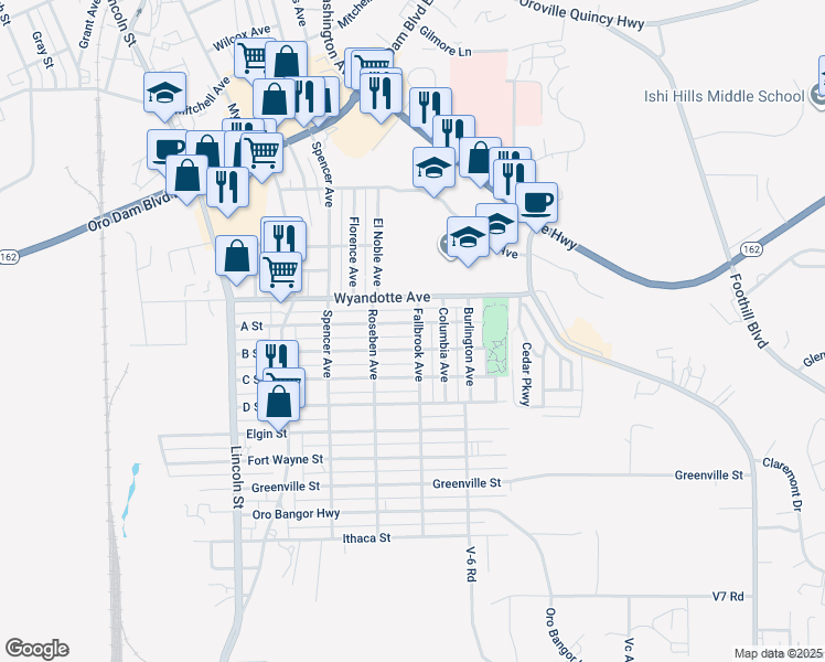 map of restaurants, bars, coffee shops, grocery stores, and more near 2575 A Street in Oroville