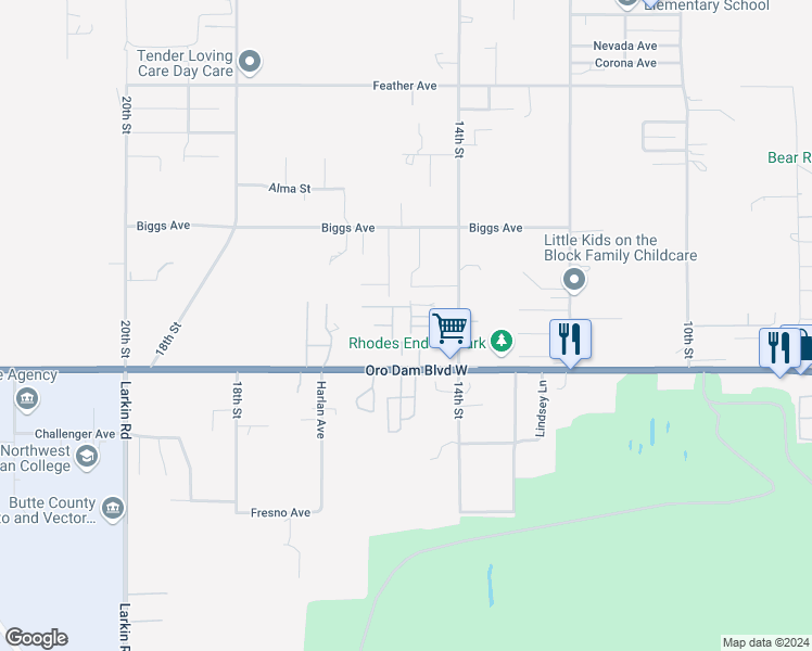 map of restaurants, bars, coffee shops, grocery stores, and more near 1023 14th Street in Oroville