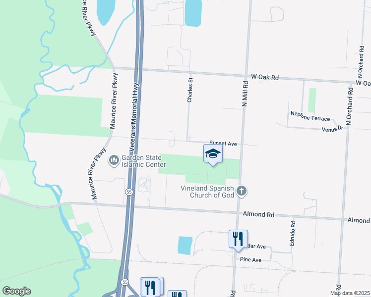 map of restaurants, bars, coffee shops, grocery stores, and more near 2159 Sunset Avenue in Vineland