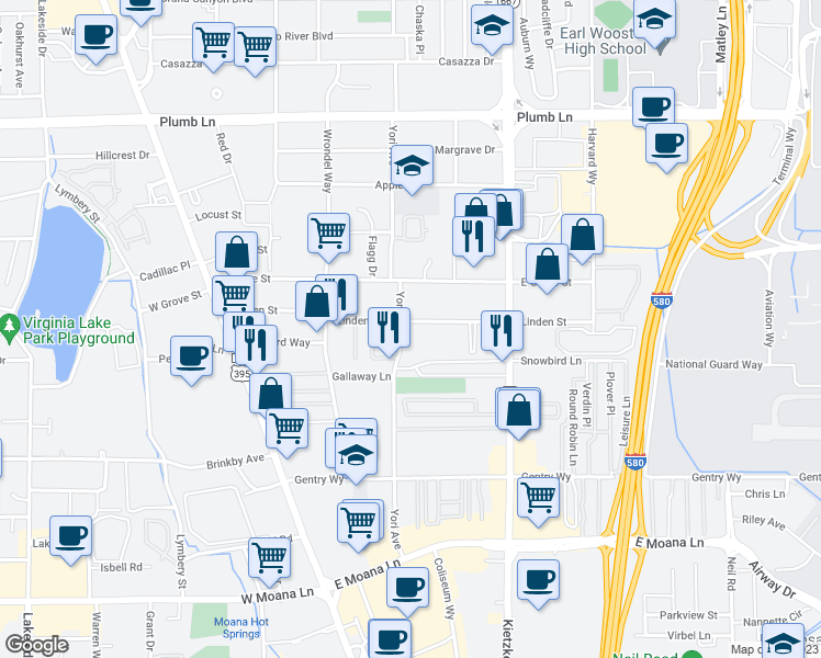 map of restaurants, bars, coffee shops, grocery stores, and more near 350 Linden Street in Reno
