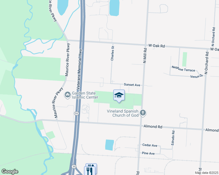 map of restaurants, bars, coffee shops, grocery stores, and more near 2159 Sunset Avenue in Vineland