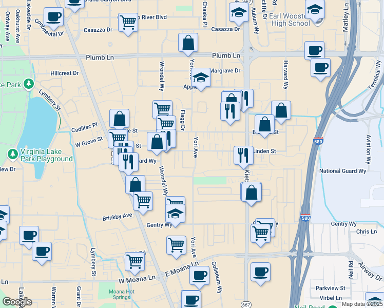 map of restaurants, bars, coffee shops, grocery stores, and more near 280 Linden Street in Reno