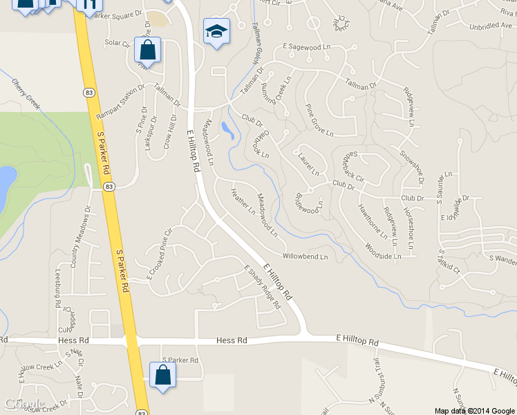 map of restaurants, bars, coffee shops, grocery stores, and more near 11947 Meadowood Lane in Parker