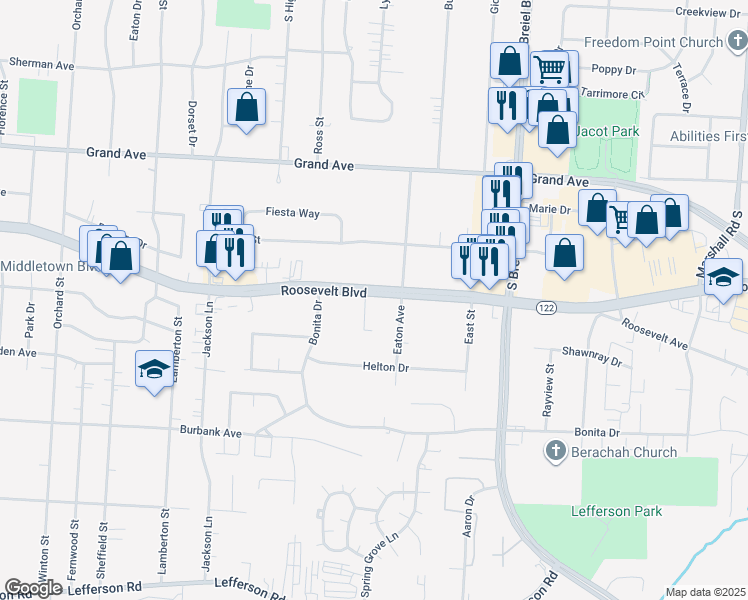 map of restaurants, bars, coffee shops, grocery stores, and more near 4000 Roosevelt Boulevard in Middletown