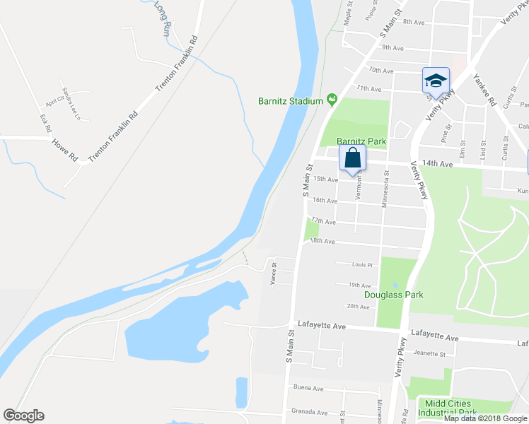 map of restaurants, bars, coffee shops, grocery stores, and more near Great Miami River Recreational Trail in Middletown