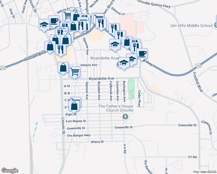 map of restaurants, bars, coffee shops, grocery stores, and more near 2575 A Street in Oroville